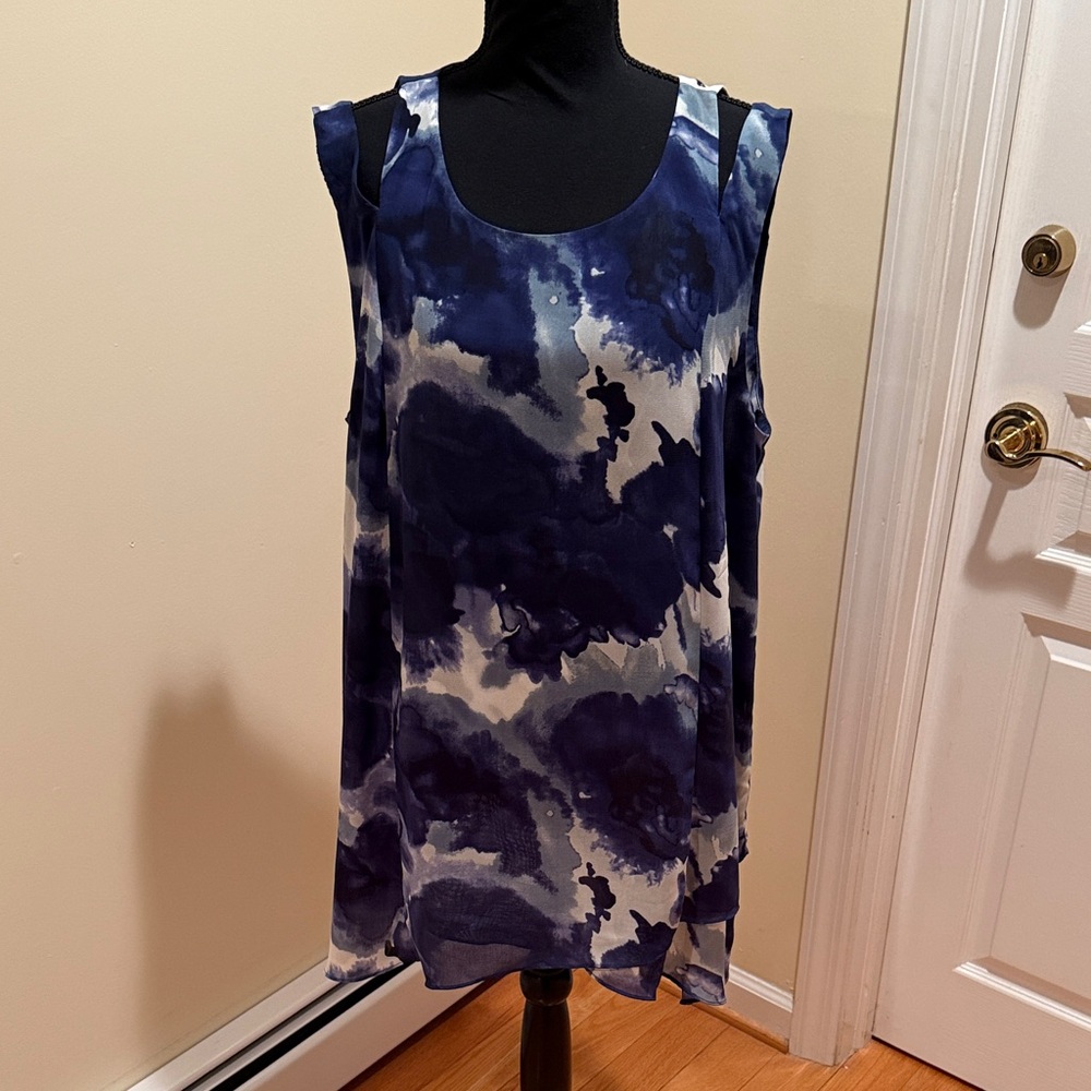 Soft Surroundings Navy White Sleeveless Layered Asymmetrical Tunic Cold Shoulder
